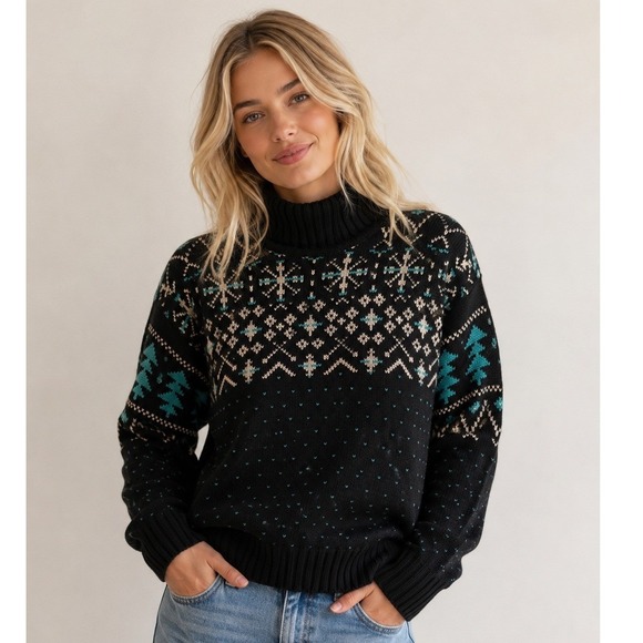 Summit County Sweaters - VTG Summit County Black Fair Isle Snowflake Wool‎ Blend Mock Neck Sweater Small